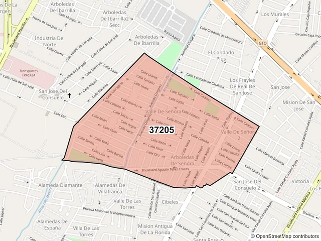 Mapa del código postal 37205, León, Guanajuato
