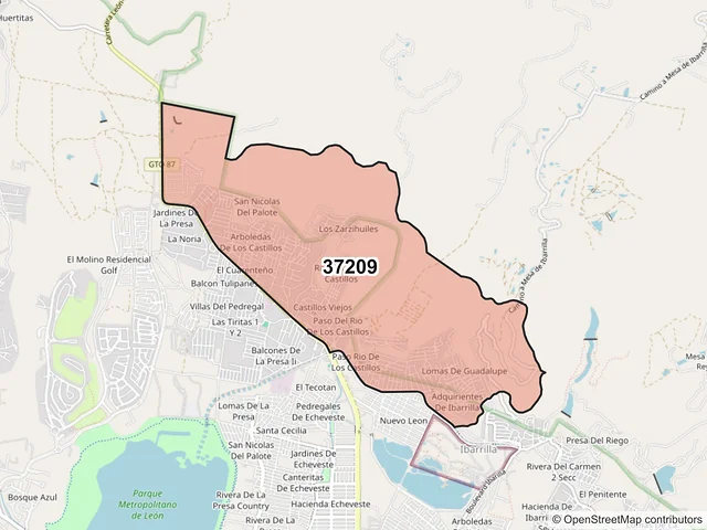 Mapa del código postal 37209, León, Guanajuato