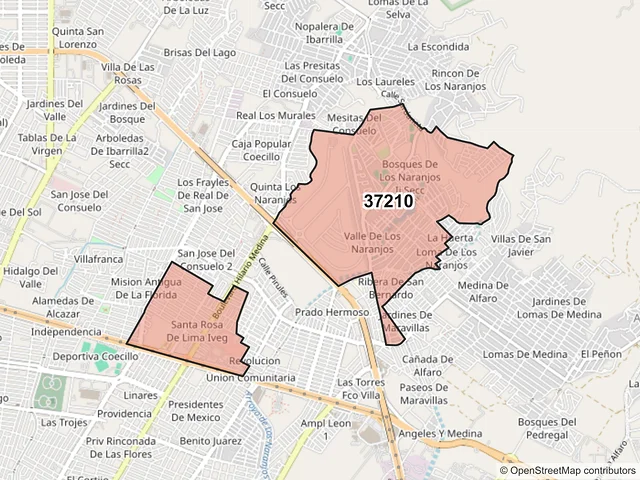 Mapa del código postal 37210, León, Guanajuato
