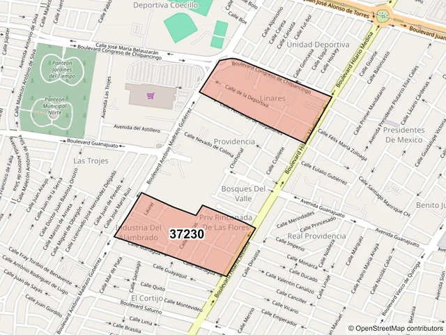 Mapa del código postal 37230, León, Guanajuato