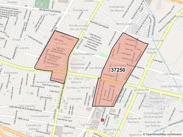 Mapa del código postal 37250, León, Guanajuato