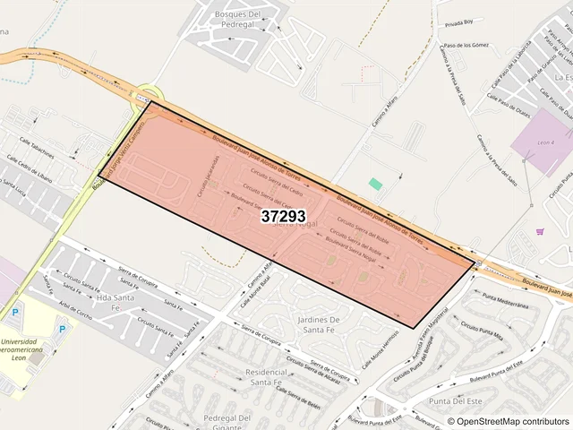 Mapa del código postal 37293, León, Guanajuato
