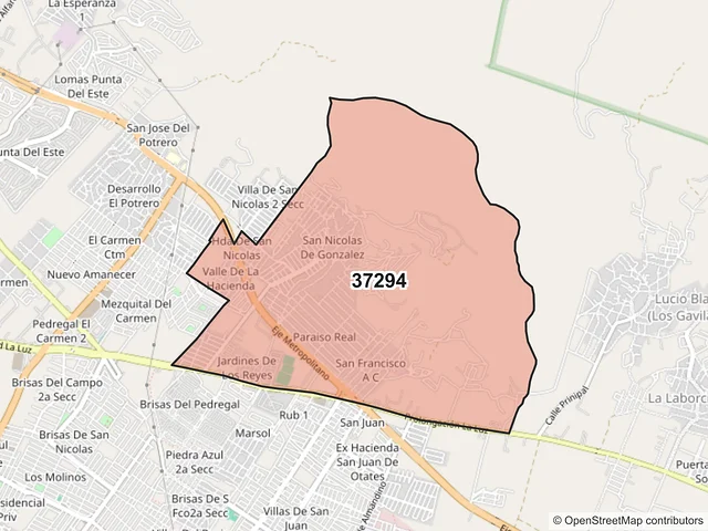 Mapa del código postal 37294, León, Guanajuato