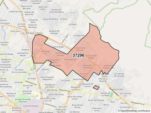 Mapa del código postal 37296, León, Guanajuato