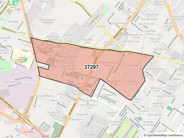 Mapa del código postal 37297, León, Guanajuato