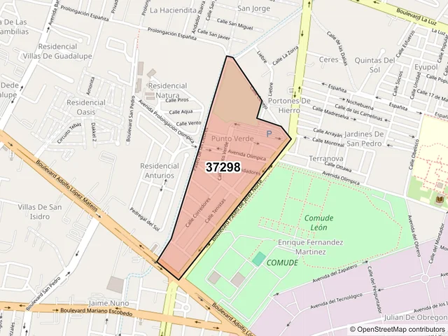 Mapa del código postal 37298, León, Guanajuato