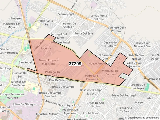Mapa del código postal 37299, León, Guanajuato