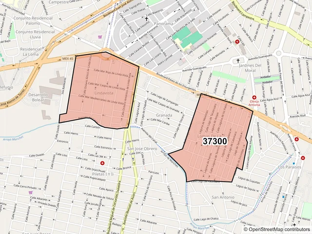 Mapa del código postal 37300, León, Guanajuato