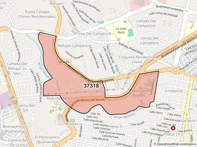 Mapa del código postal 37318, León, Guanajuato