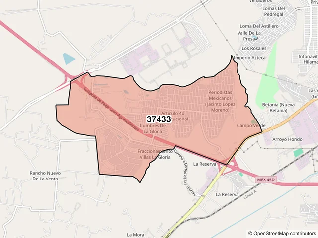 Mapa del código postal 37433, León, Guanajuato