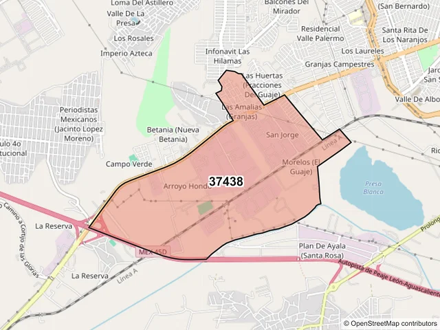 Mapa del código postal 37438, León, Guanajuato