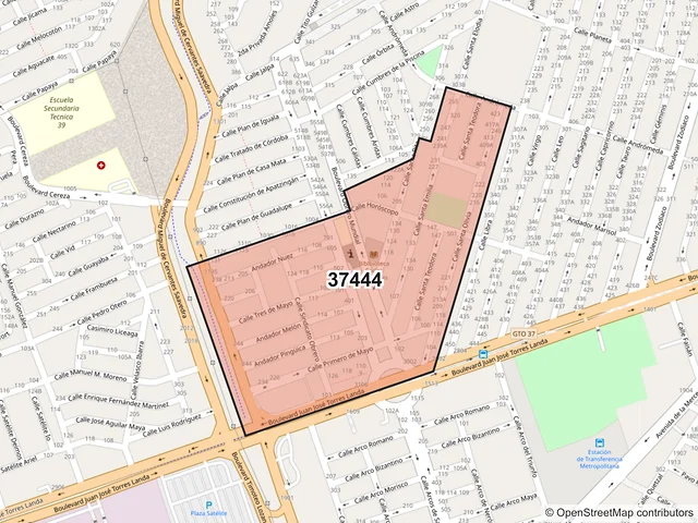 Mapa del código postal 37444, León, Guanajuato