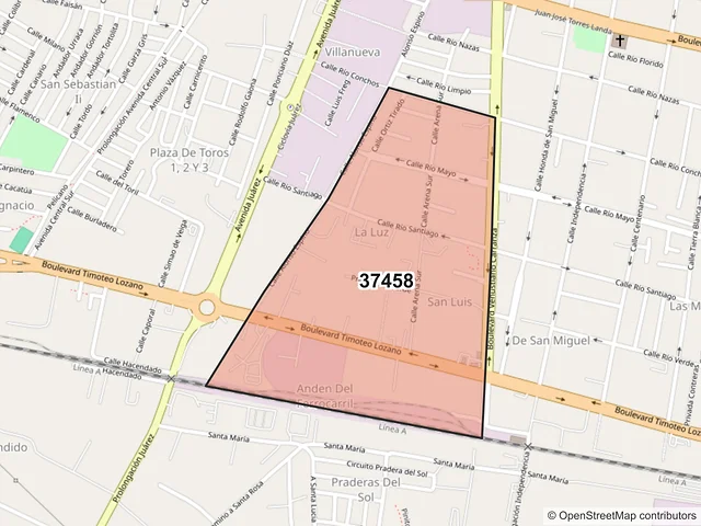 Mapa del código postal 37458, León, Guanajuato