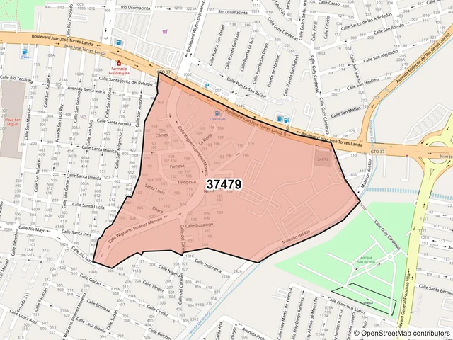 Mapa del código postal 37479, León, Guanajuato