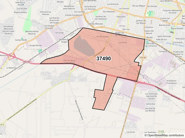 Mapa del código postal 37490, León, Guanajuato