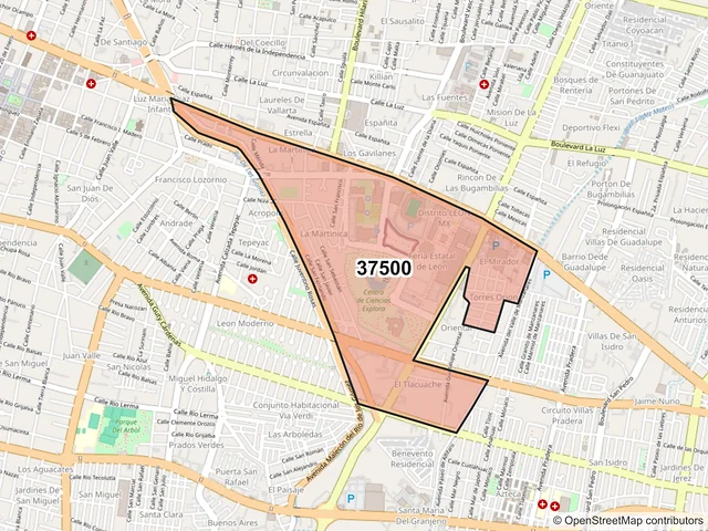 Mapa del código postal 37500, León, Guanajuato