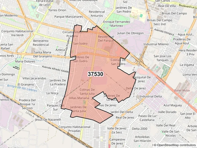 Mapa del código postal 37530, León, Guanajuato