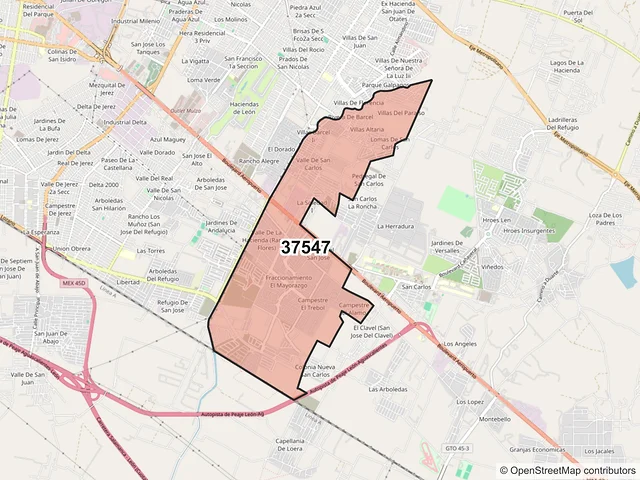 Mapa del código postal 37547, León, Guanajuato