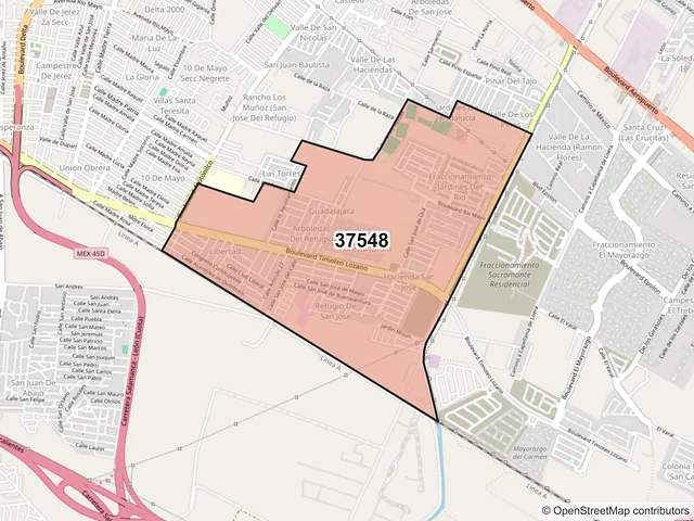 Mapa del código postal 37548, León, Guanajuato