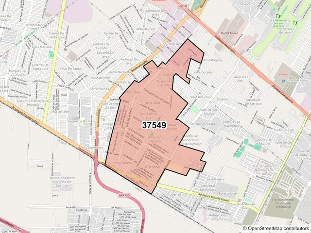 Mapa del código postal 37549, León, Guanajuato