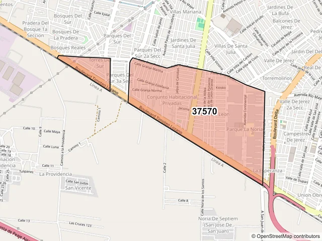 Mapa del código postal 37570, León, Guanajuato
