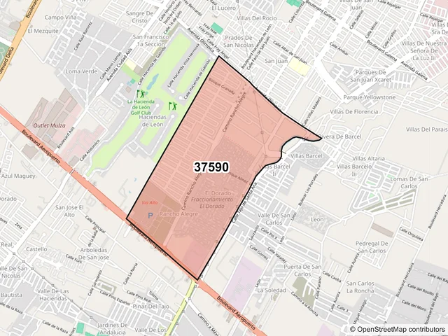 Mapa del código postal 37590, León, Guanajuato