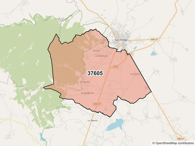 Mapa del código postal 37605, San Felipe, Guanajuato