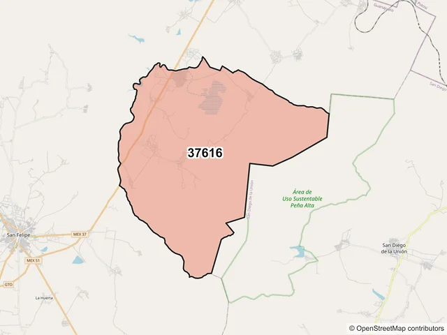 Mapa del código postal 37616, San Felipe, Guanajuato