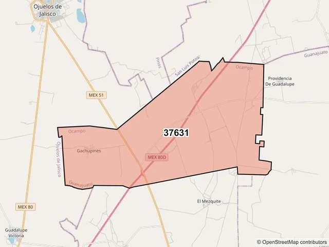 Mapa del código postal 37631, Ocampo, Guanajuato