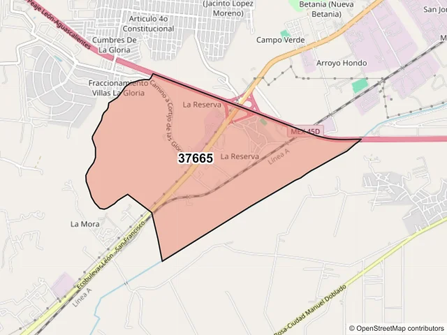 Mapa del código postal 37665, León, Guanajuato