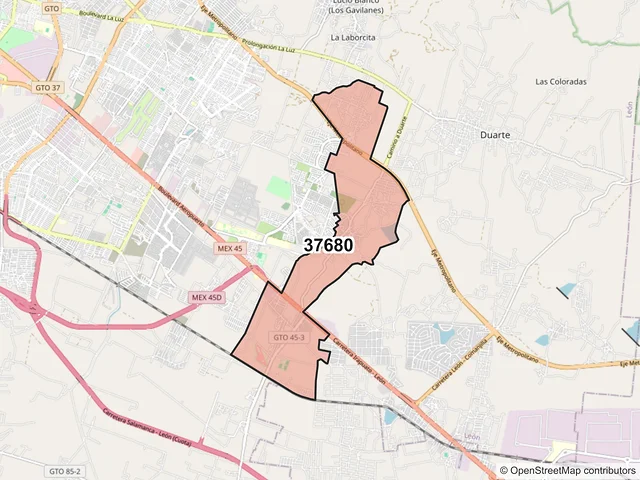 Mapa del código postal 37680, León, Guanajuato