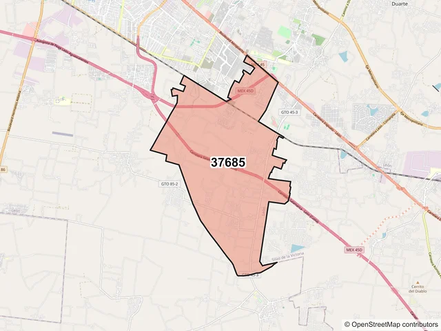 Mapa del código postal 37685, León, Guanajuato