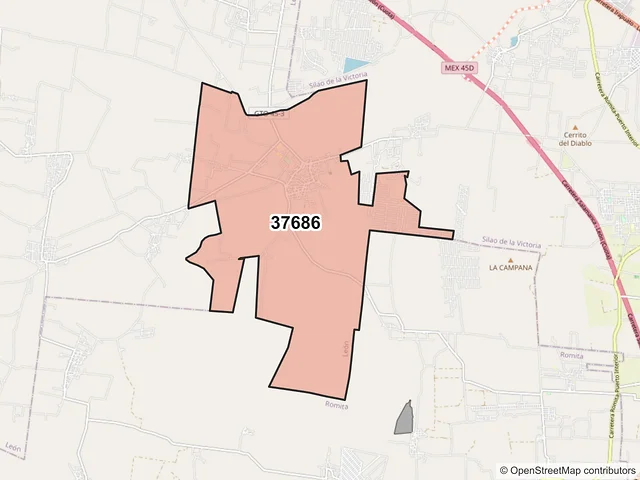 Mapa del código postal 37686, León, Guanajuato