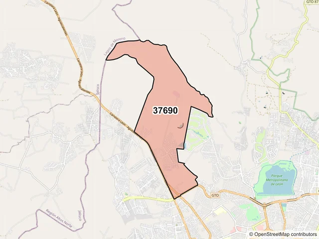 Mapa del código postal 37690, León, Guanajuato