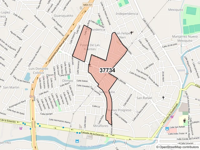 Mapa del código postal 37734, San Miguel de Allende, Guanajuato