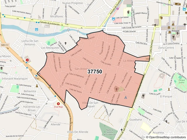 Mapa del código postal 37750, San Miguel de Allende, Guanajuato