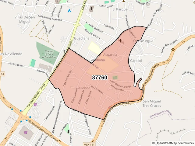 Mapa del código postal 37760, San Miguel de Allende, Guanajuato