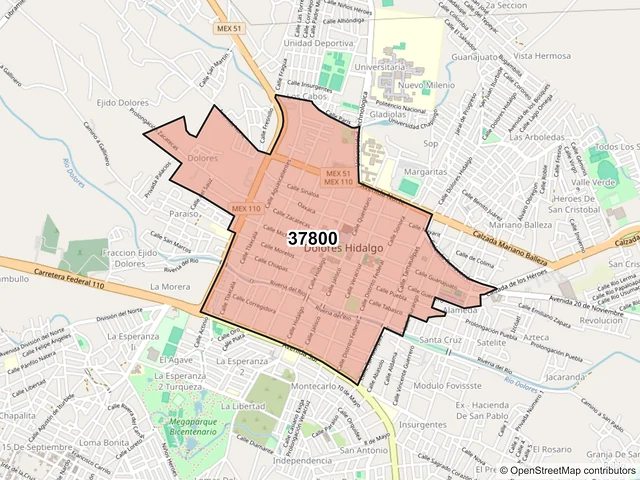 Mapa del código postal 37800, Dolores Hidalgo Cuna de la Independencia Nacional, Guanajuato