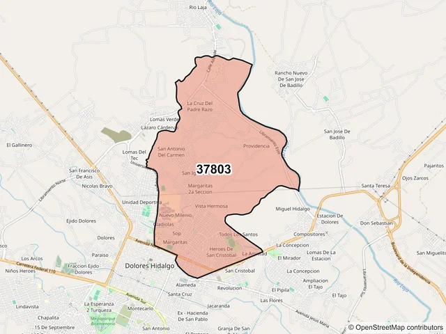 Mapa del código postal 37803, Dolores Hidalgo Cuna de la Independencia Nacional, Guanajuato