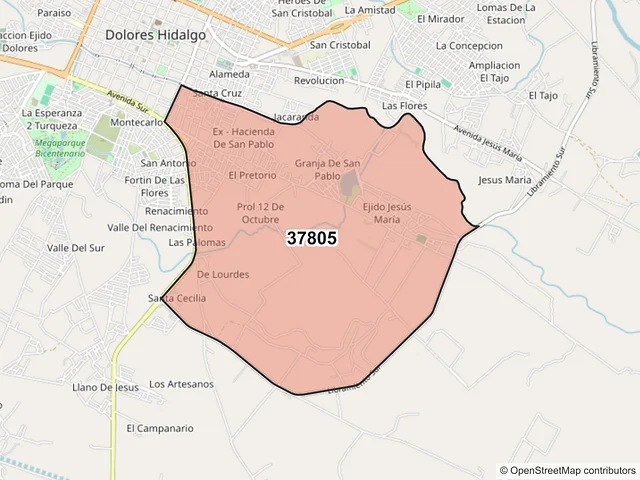 Mapa del código postal 37805, Dolores Hidalgo Cuna de la Independencia Nacional, Guanajuato