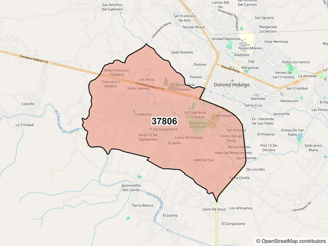 Mapa del código postal 37806, Dolores Hidalgo Cuna de la Independencia Nacional, Guanajuato