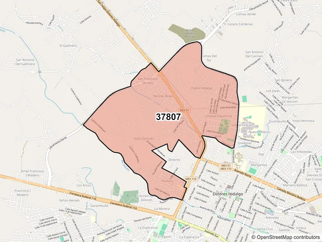 Mapa del código postal 37807, Dolores Hidalgo Cuna de la Independencia Nacional, Guanajuato