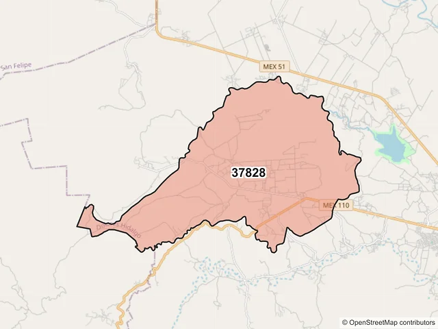 Mapa del código postal 37828, Dolores Hidalgo Cuna de la Independencia Nacional, Guanajuato