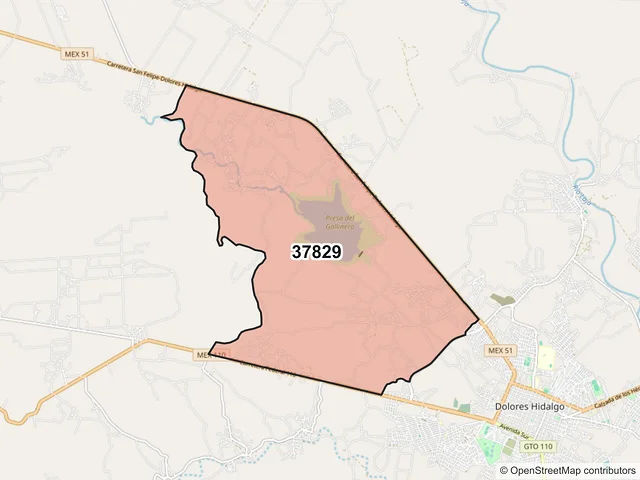 Mapa del código postal 37829, Dolores Hidalgo Cuna de la Independencia Nacional, Guanajuato