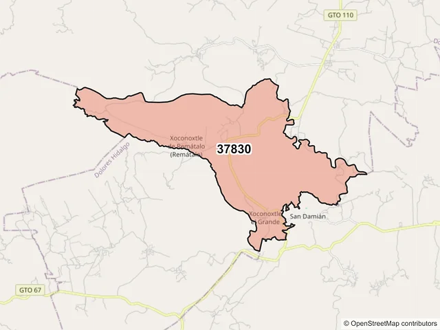Mapa del código postal 37830, Dolores Hidalgo Cuna de la Independencia Nacional, Guanajuato