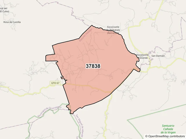 Mapa del código postal 37838, Dolores Hidalgo Cuna de la Independencia Nacional, Guanajuato