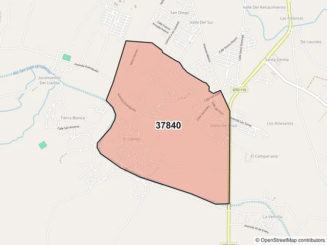 Mapa del código postal 37840, Dolores Hidalgo Cuna de la Independencia Nacional, Guanajuato