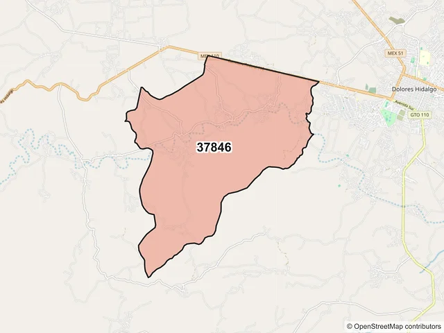 Mapa del código postal 37846, Dolores Hidalgo Cuna de la Independencia Nacional, Guanajuato
