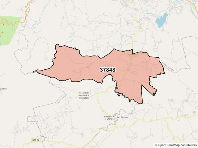 Mapa del código postal 37848, Dolores Hidalgo Cuna de la Independencia Nacional, Guanajuato