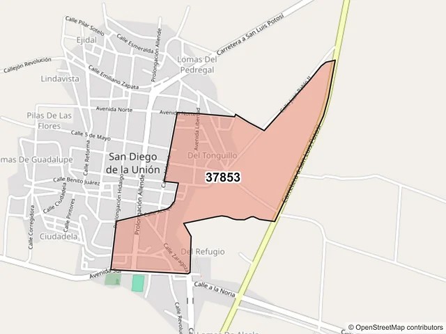 Mapa del código postal 37853, San Diego de la Unión, Guanajuato